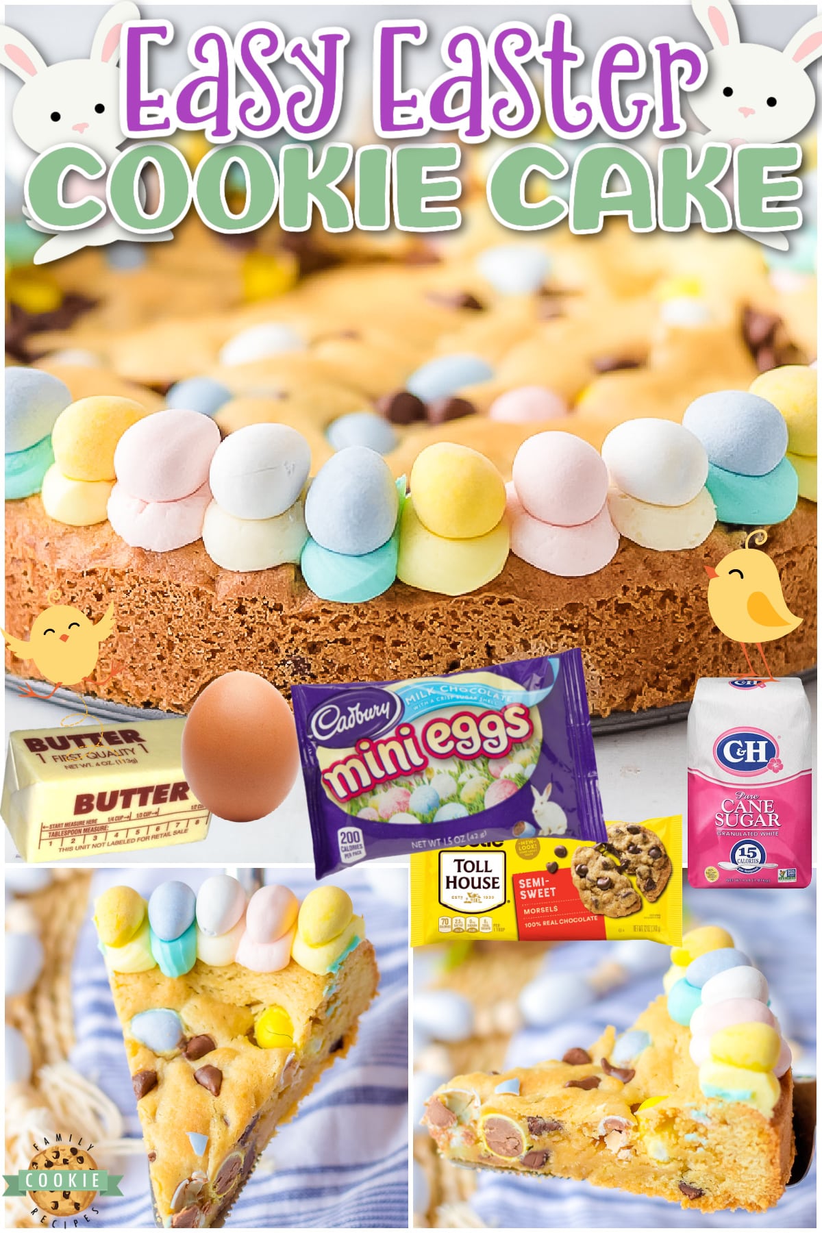 Festive Easter Cookie Cake that's soft, chewy & studded with chocolate chips & chocolate Easter eggs! A thick buttercream frosting rings the edges with more chocolate eggs. It is delicious and perfect for Easter!