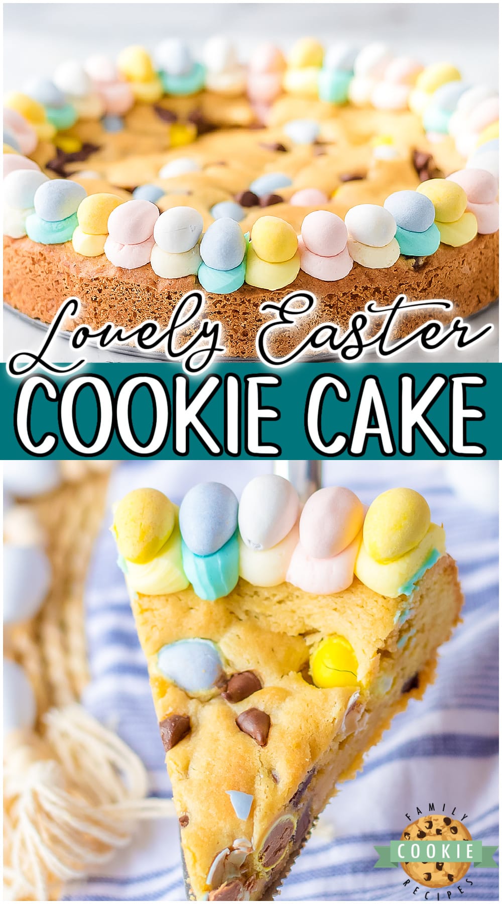 Festive Easter Cookie Cake that's soft, chewy & studded with chocolate chips & chocolate Easter eggs! A thick buttercream frosting rings the edges with more chocolate eggs. It is delicious and perfect for Easter!