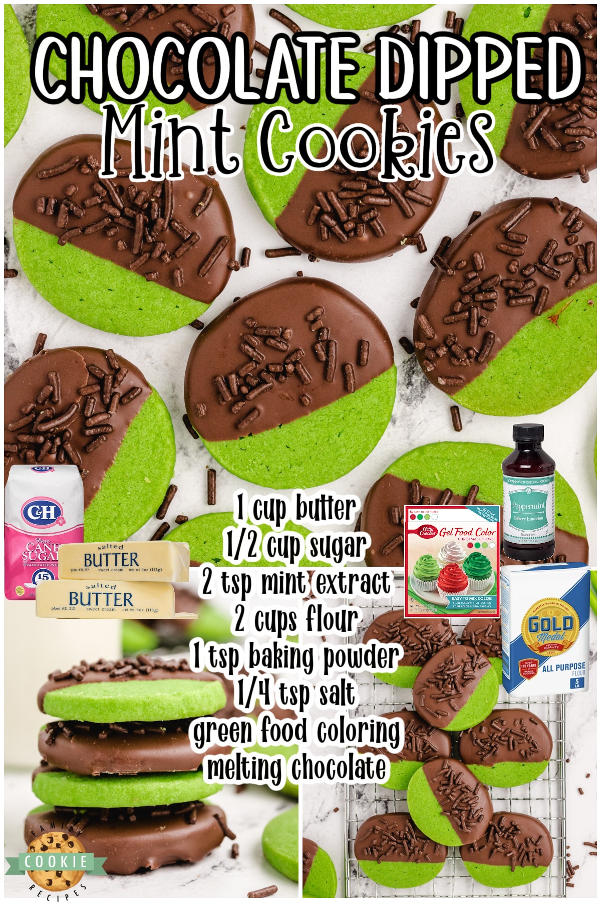 Mint Chocolate Cookies made from a buttery shortbread cookie dipped in chocolate & topped with chocolate sprinkles. Green Mint Cookies perfect for St. Patrick's Day!
