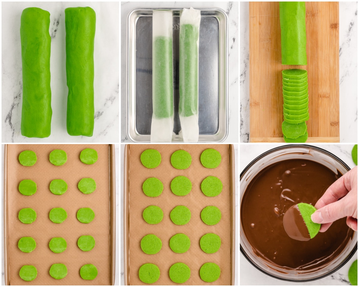 how to make green mint cookies that have been dipped in chocolate