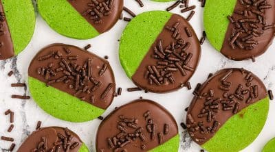 green mint shortbread cookies dipped in chocolate