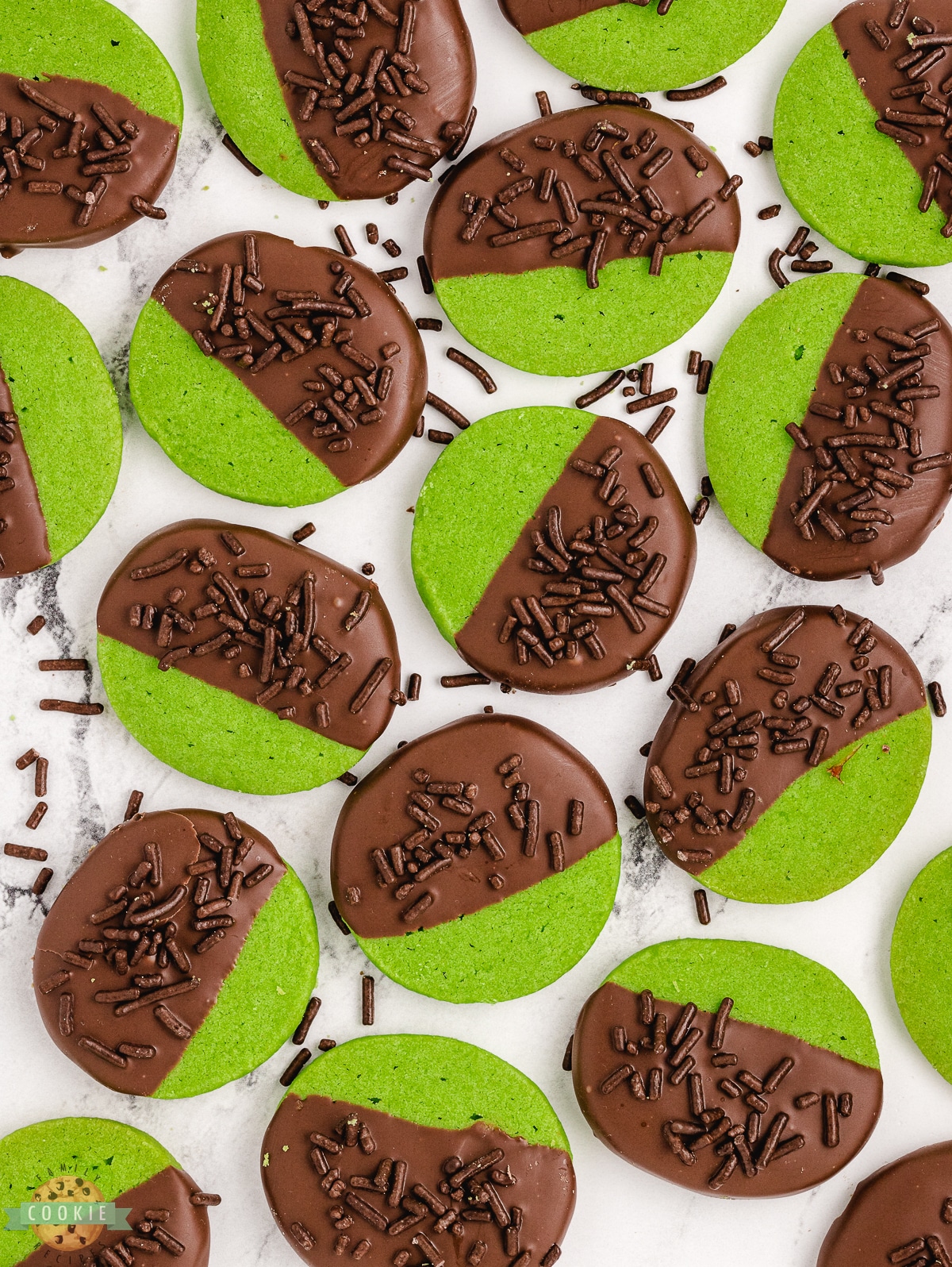 green mint shortbread cookies dipped in chocolate.
