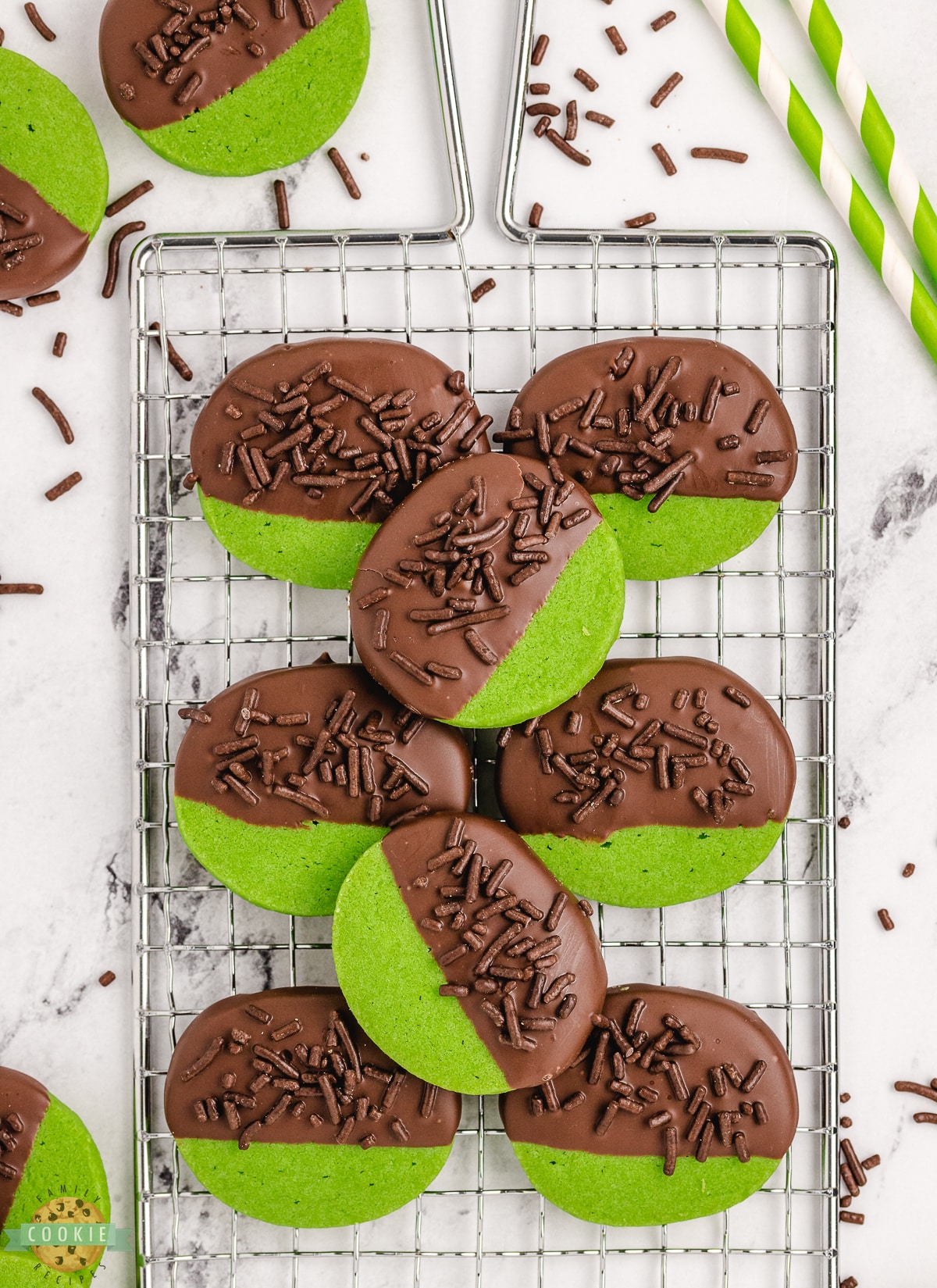 green mint chocolate cookies with chocolate jimmies sprinkles