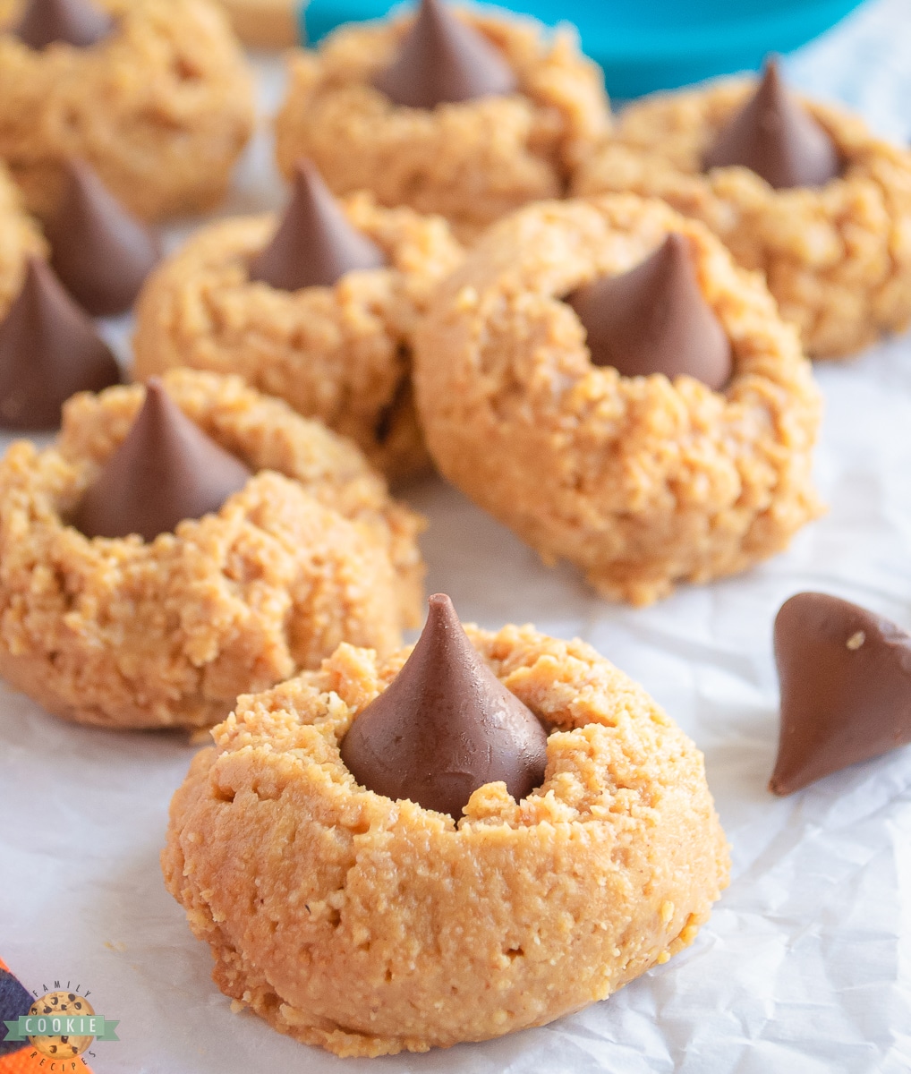 no bake peanut butter blossoms on a cookie sheet