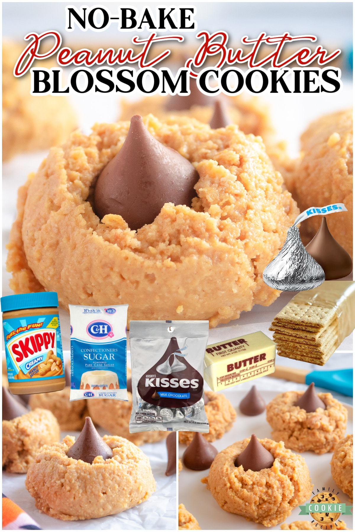 No-bake Peanut Butter Blossoms made with only 5 ingredients in 10 minutes & perfect for chocolate peanut butter lovers! Amazing peanut butter no bake cookies that mimic the traditional blossom cookie everyone loves!