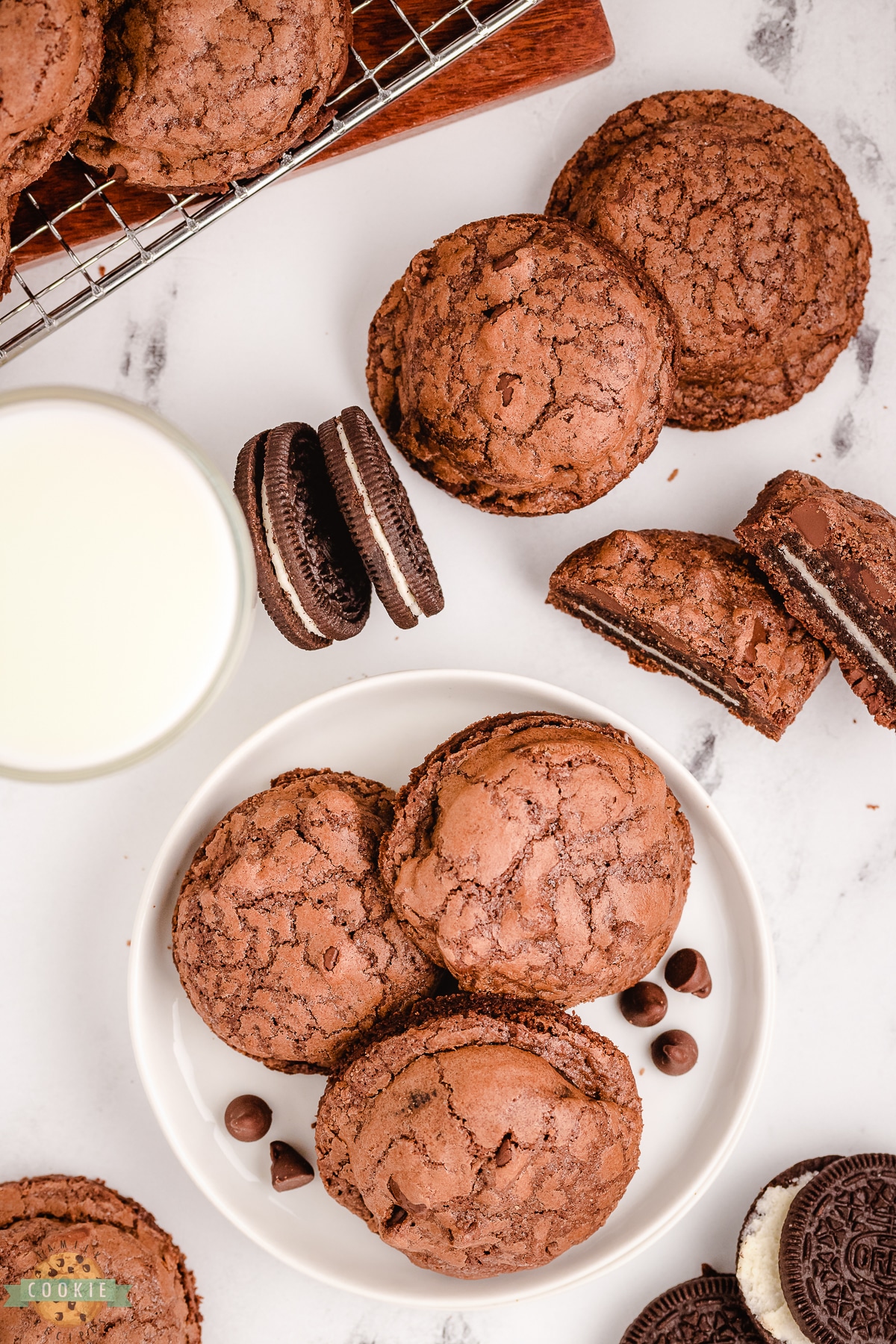 chocolate brownie cookies with Oreos baked inside