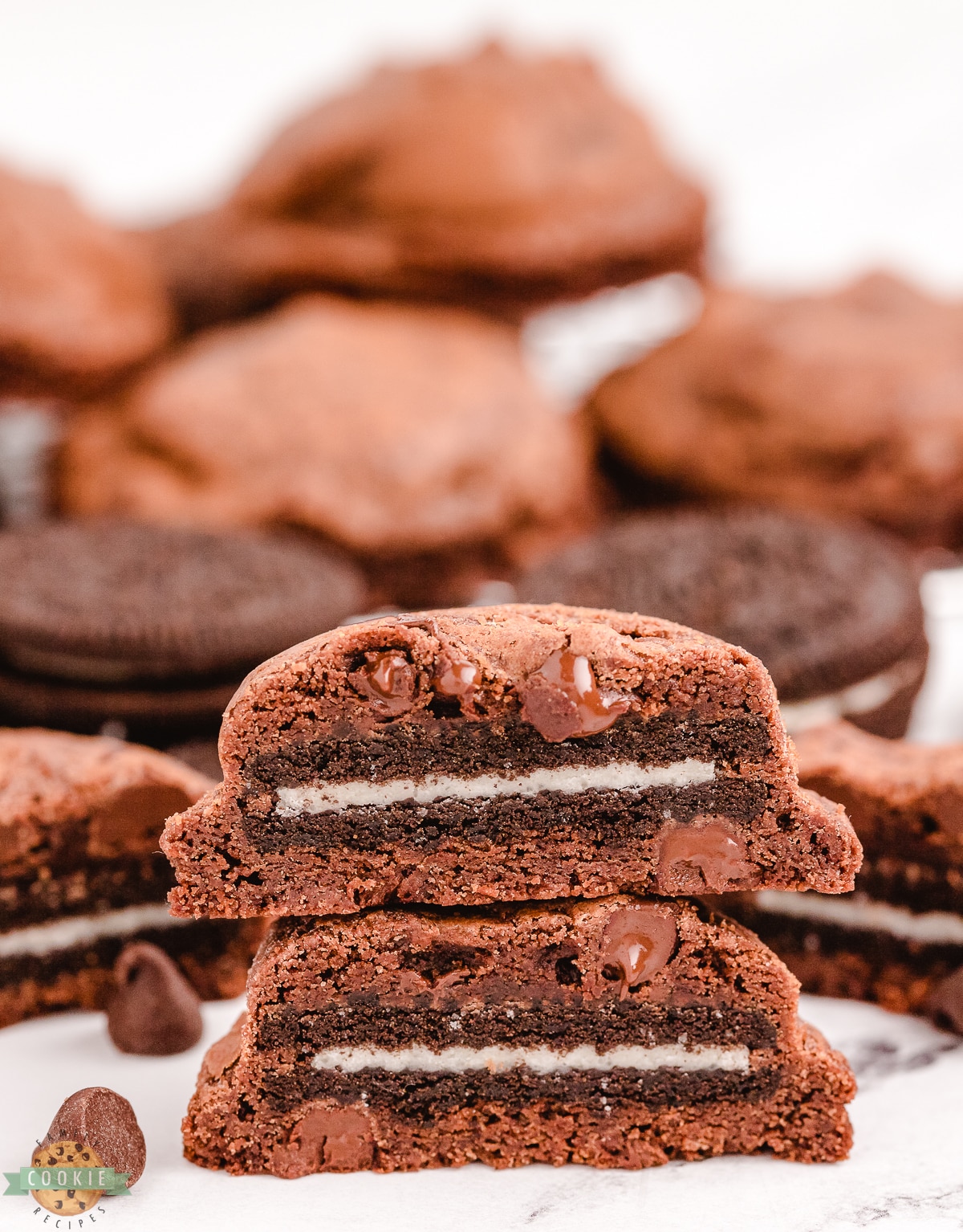 chocolate brownie cookies stuffed with Oreo cookies