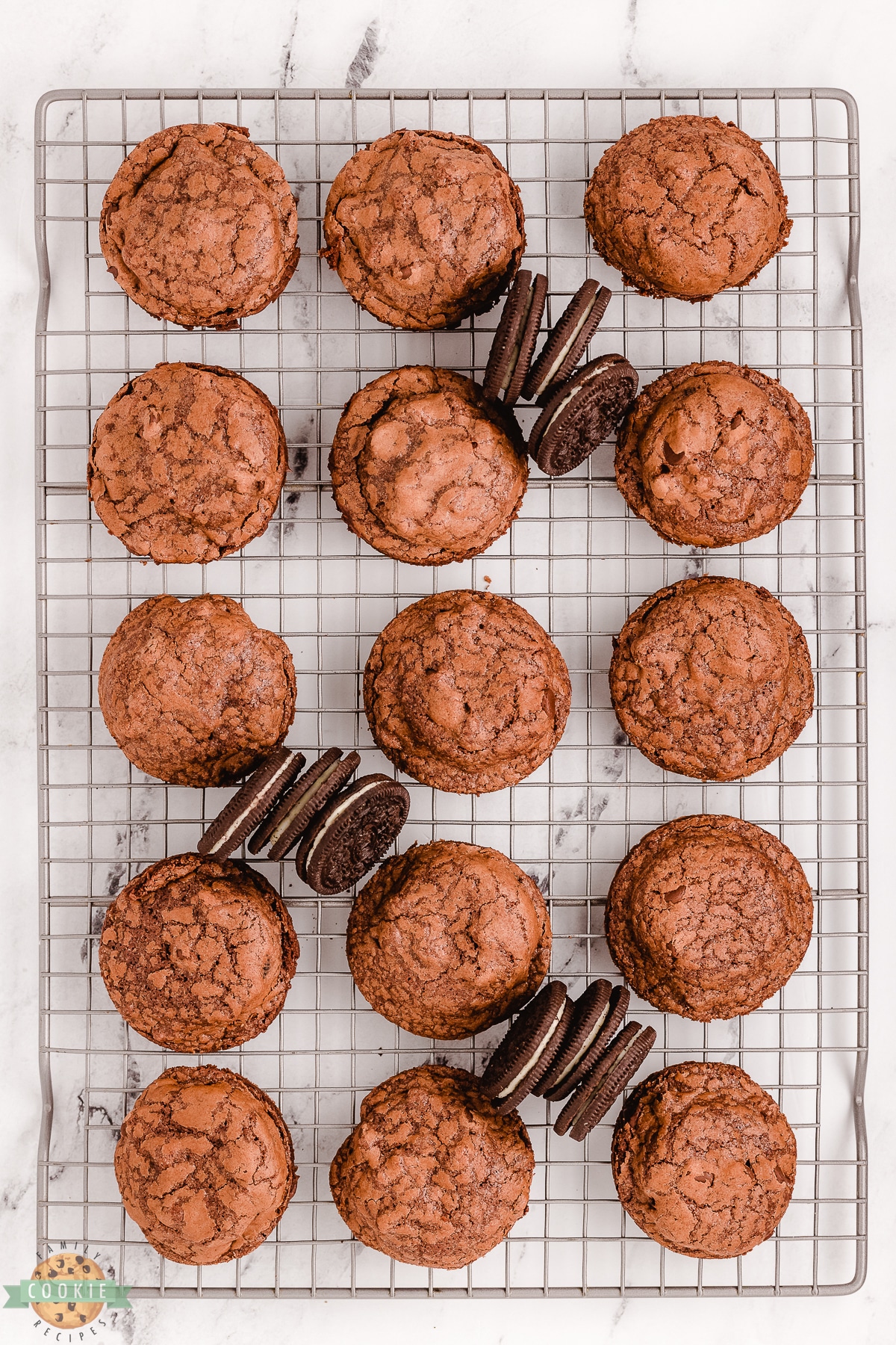 oreo brownie cookies on a cooling rack
