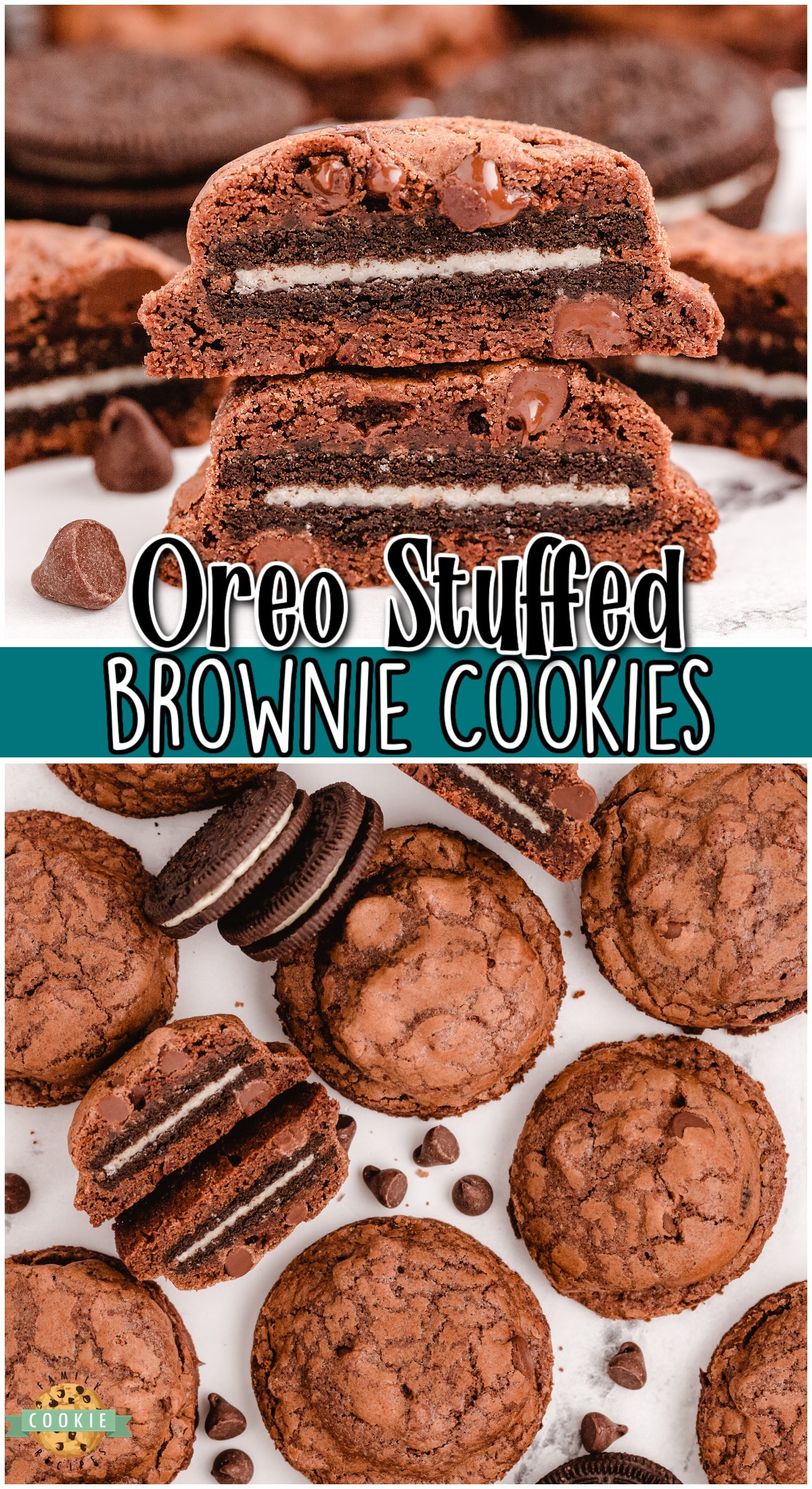 Oreo Stuffed Brownie Cookies are decadent chocolate cookies with Oreos baked in the center! These stuffed cookies are an incredible take on brownie cookies!