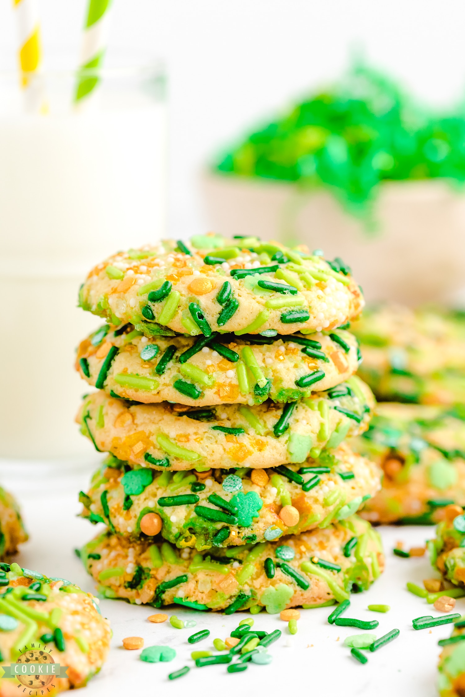 stack of green sprinkle cookies