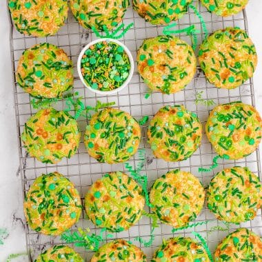 St. Patrick's Day sprinkle cookies on a cooling rack