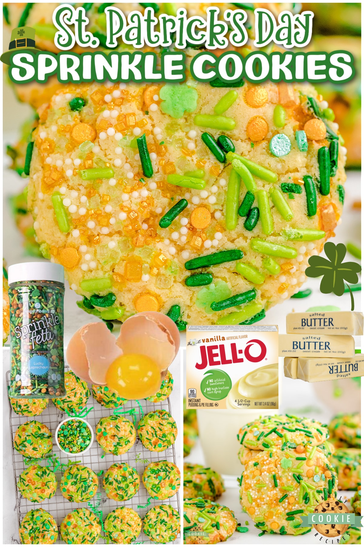 Soft & chewy St. Patrick's Day Sprinkle Cookies made fun & festive with plenty of green! Vanilla pudding cookies rolled in colorful sprinkles, perfect for parties!