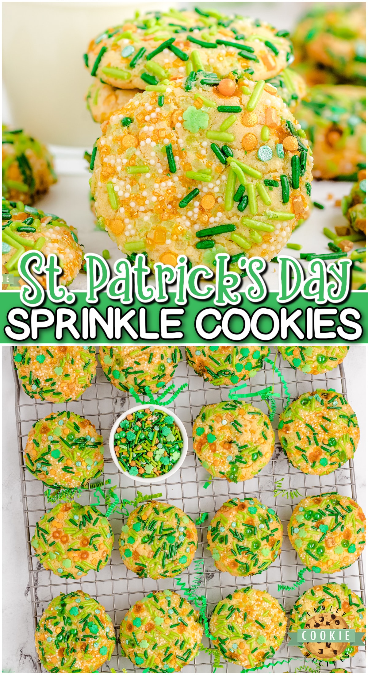 Soft & chewy St. Patrick's Day Sprinkle Cookies made fun & festive with plenty of green! Vanilla pudding cookies rolled in colorful sprinkles, perfect for parties!