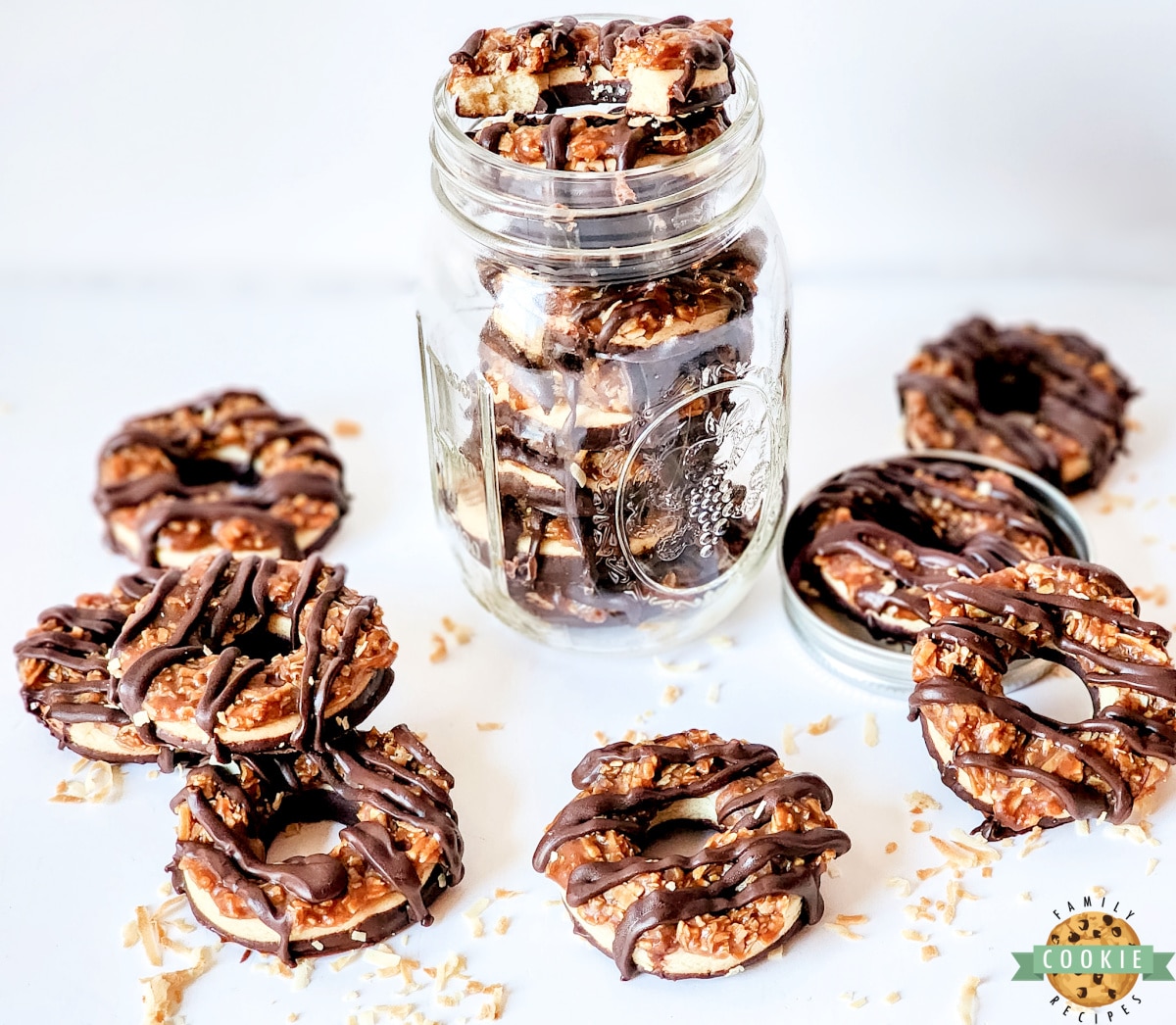 Stack of homemade Samoa cookies