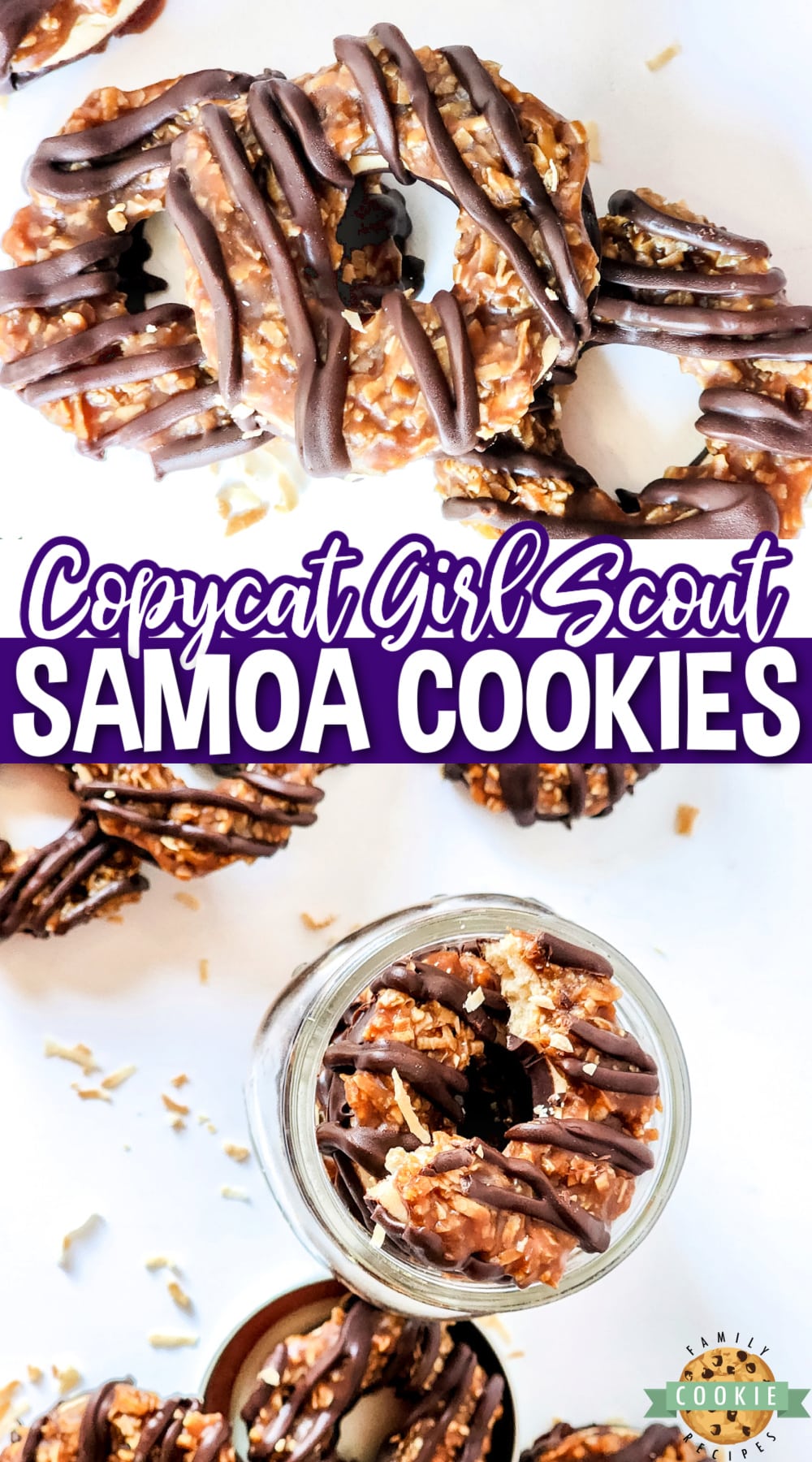Copycat Samoa Cookies taste just like the Girl Scout cookie version! Delicious cookies made with chocolate, caramel and coconut. 