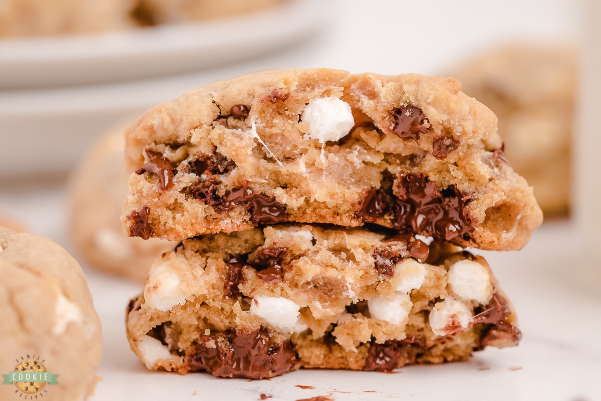 S'mores cookie broken in half with gooey chocolate