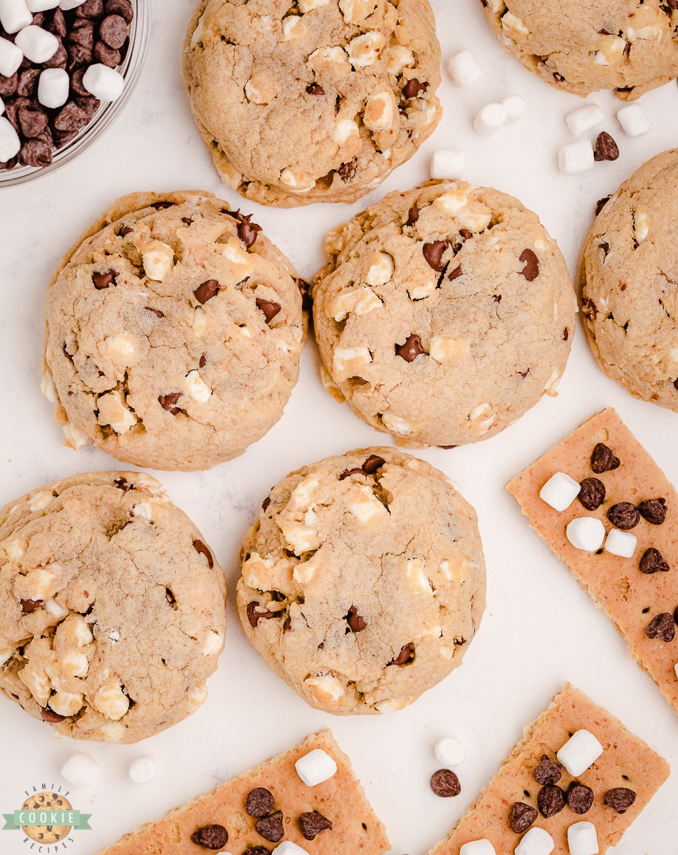 loaded s'mores cookies with chocolate, marshmallow and graham crackers