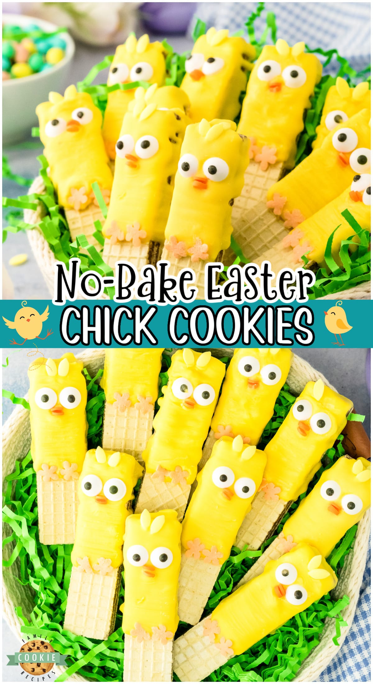 Easy No-Bake Easter Chick Cookies made with wafer cookies dipped in candy coating & decorated to look like darling baby chicks! Simple, quick & fun Easter cookie recipe that's done in under an hour! 