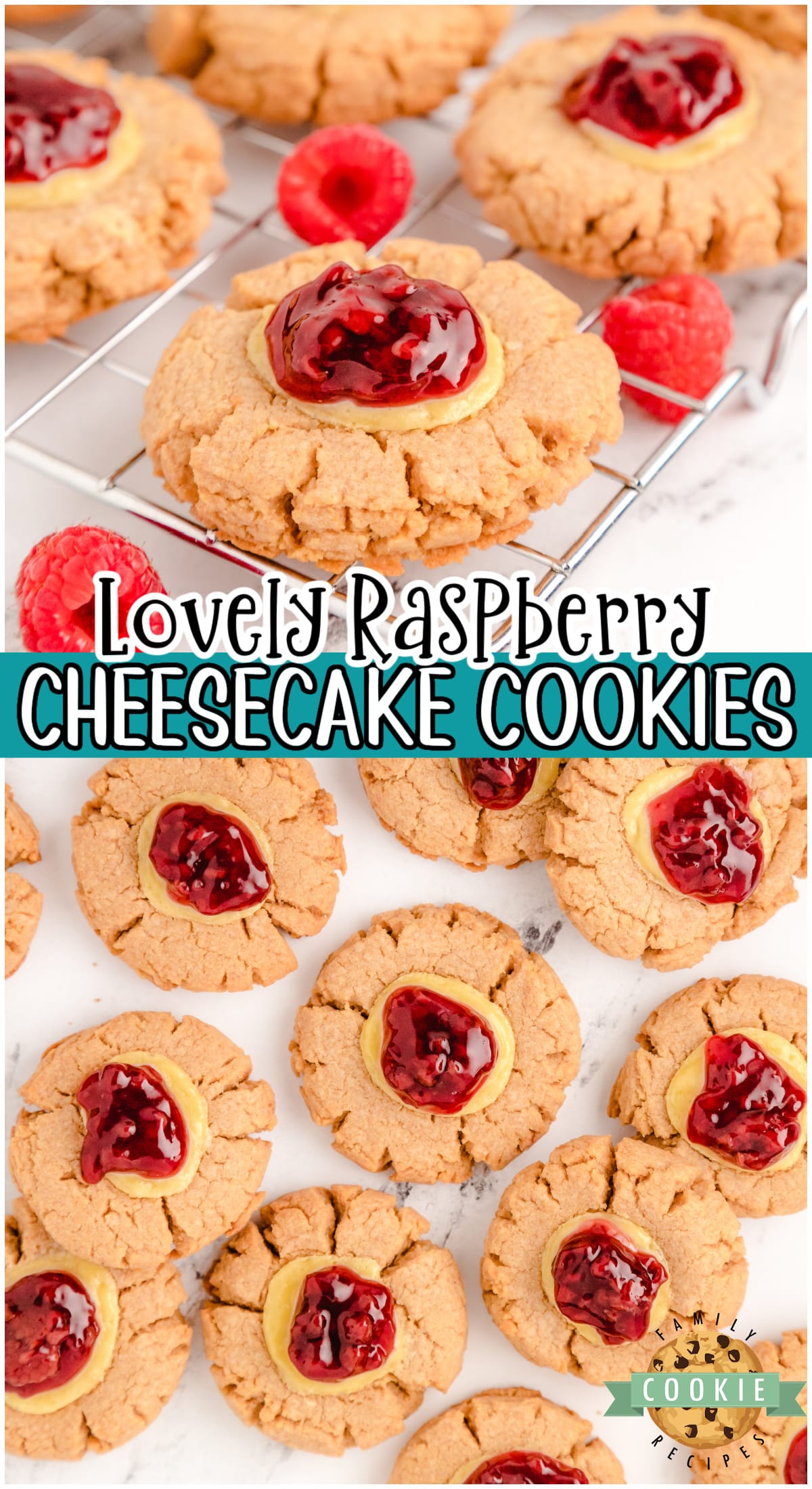 Easy Raspberry Cheesecake cookies with a graham cracker cookie base & topped with cream cheese and raspberry pie filling! These raspberry thumbprint cookies are perfect for cheesecake lovers!