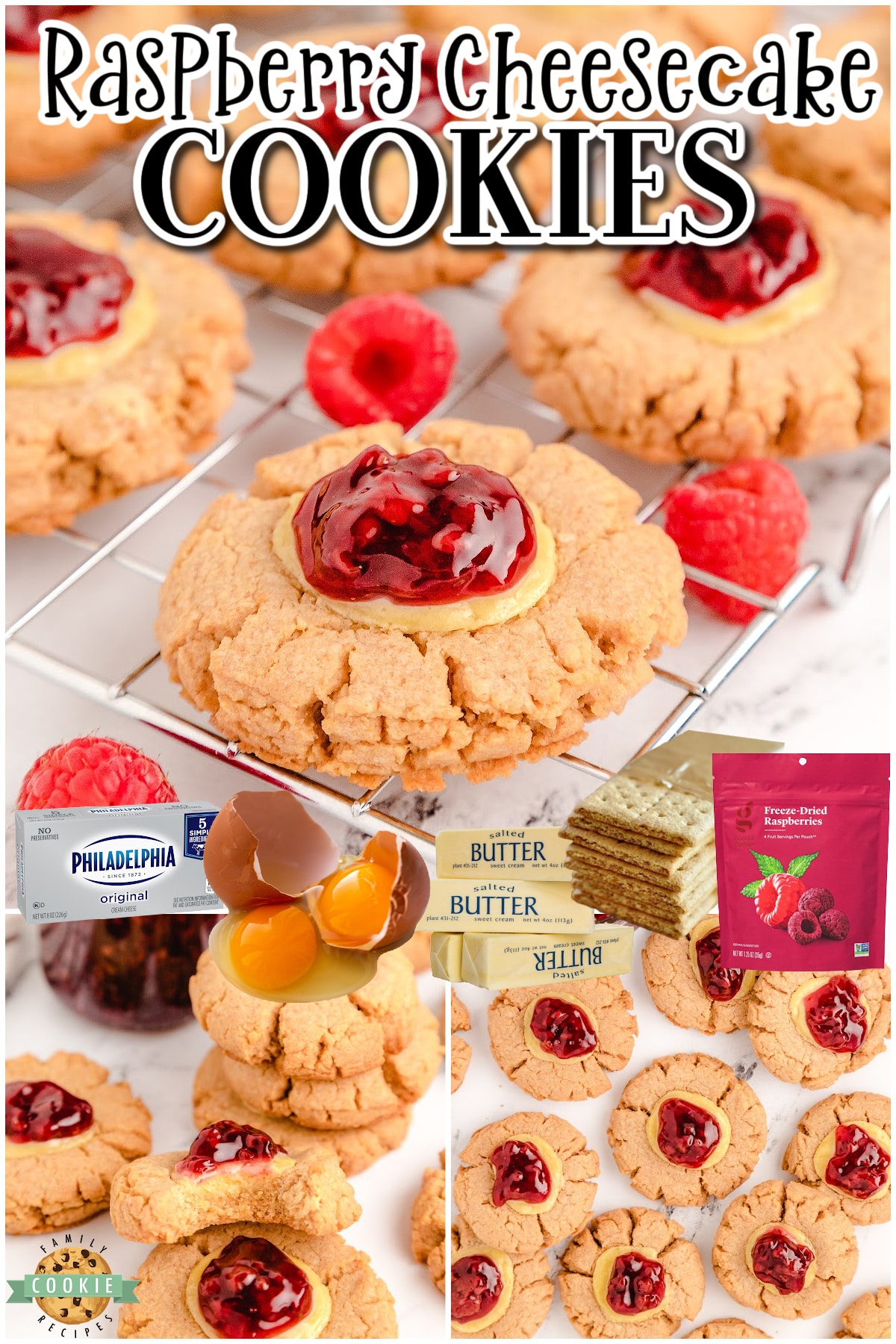 Easy Raspberry Cheesecake cookies with a graham cracker cookie base & topped with cream cheese and raspberry pie filling! These raspberry thumbprint cookies are perfect for cheesecake lovers!