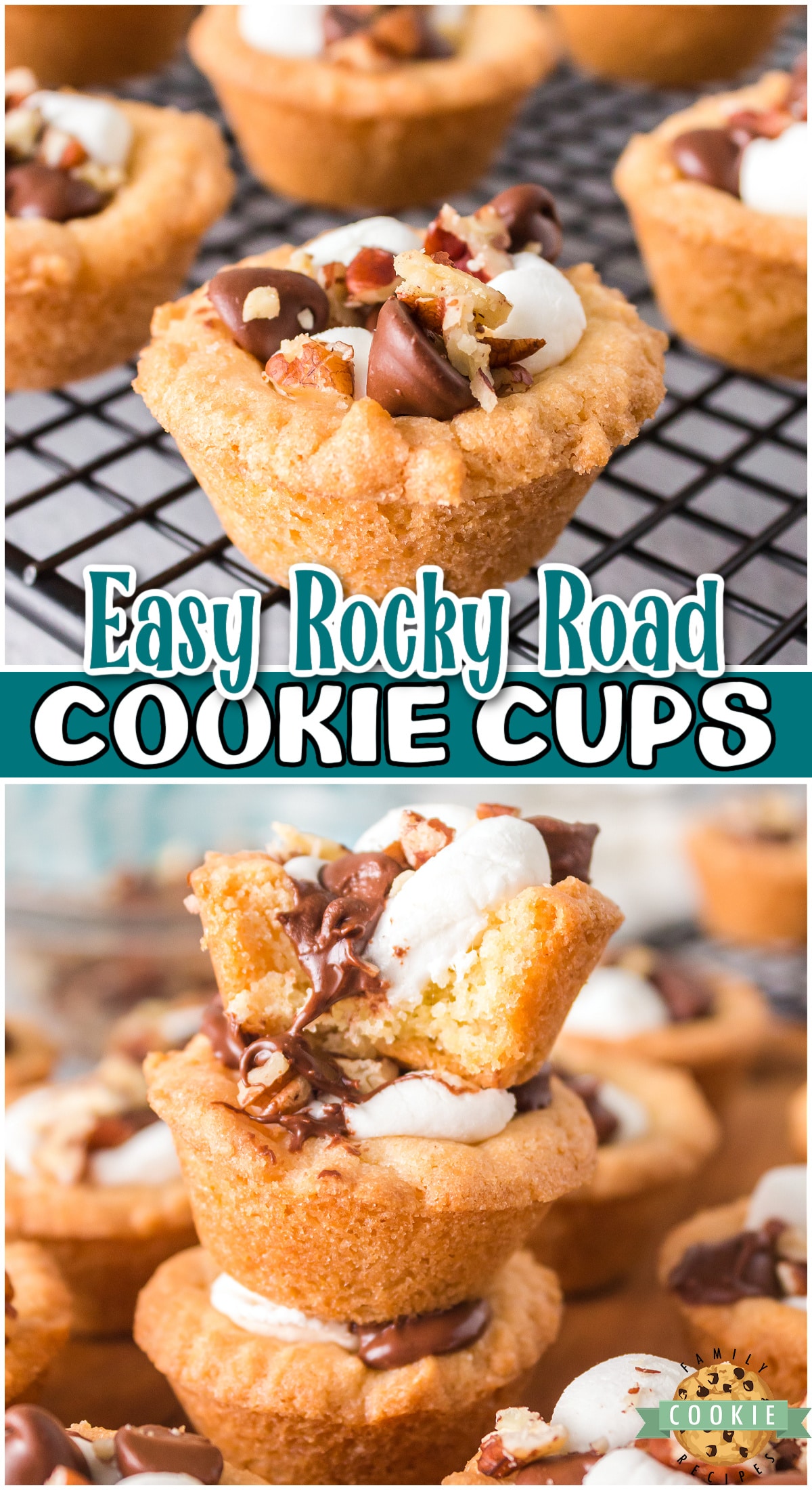 Rocky Road Cookie Cups made with a sugar cookie mix and topped with marshmallows, chocolate chips and pecans! Delightful rocky road dessert in cookie form for bite-sized fun!