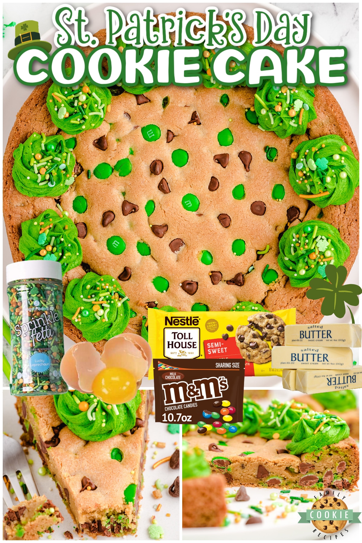 Festive St. Patrick's Day Cookie Cake that's soft, chewy & studded with chocolate chips & green M&M's!  Green buttercream frosting rings the edges of this delicious cookies that's perfect for all your little leprechauns! 