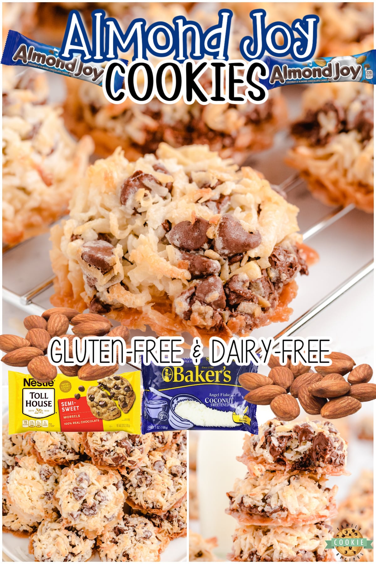 Easy 5 ingredient Almond Joy Cookies are dairy-free and eggless! Simple chocolate coconut cookies made in minutes, with common ingredients, that everyone goes crazy over!