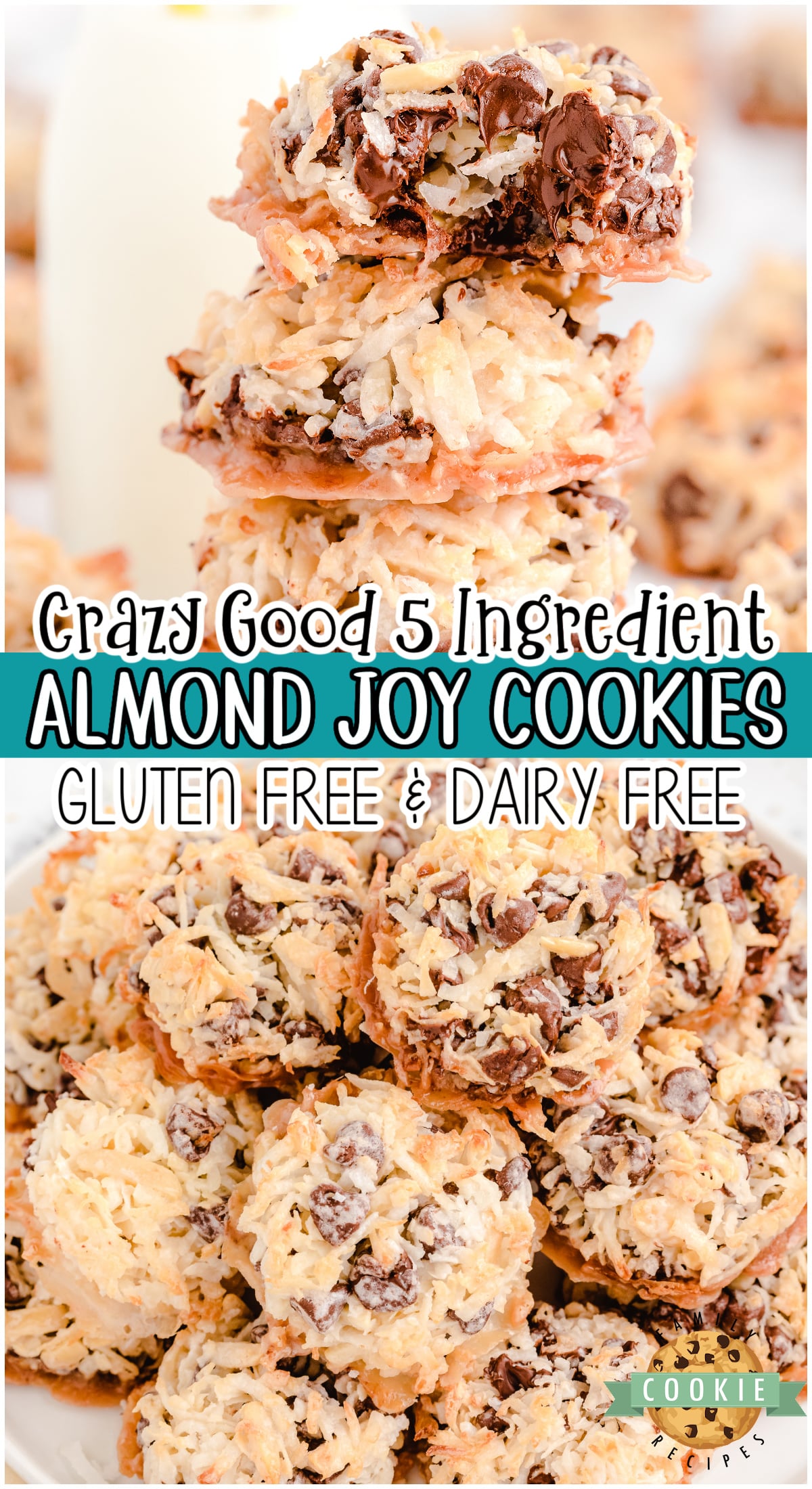 Easy 5 ingredient Almond Joy Cookies are dairy-free and eggless! Simple chocolate coconut cookies made in minutes, with common ingredients, that everyone goes crazy over!