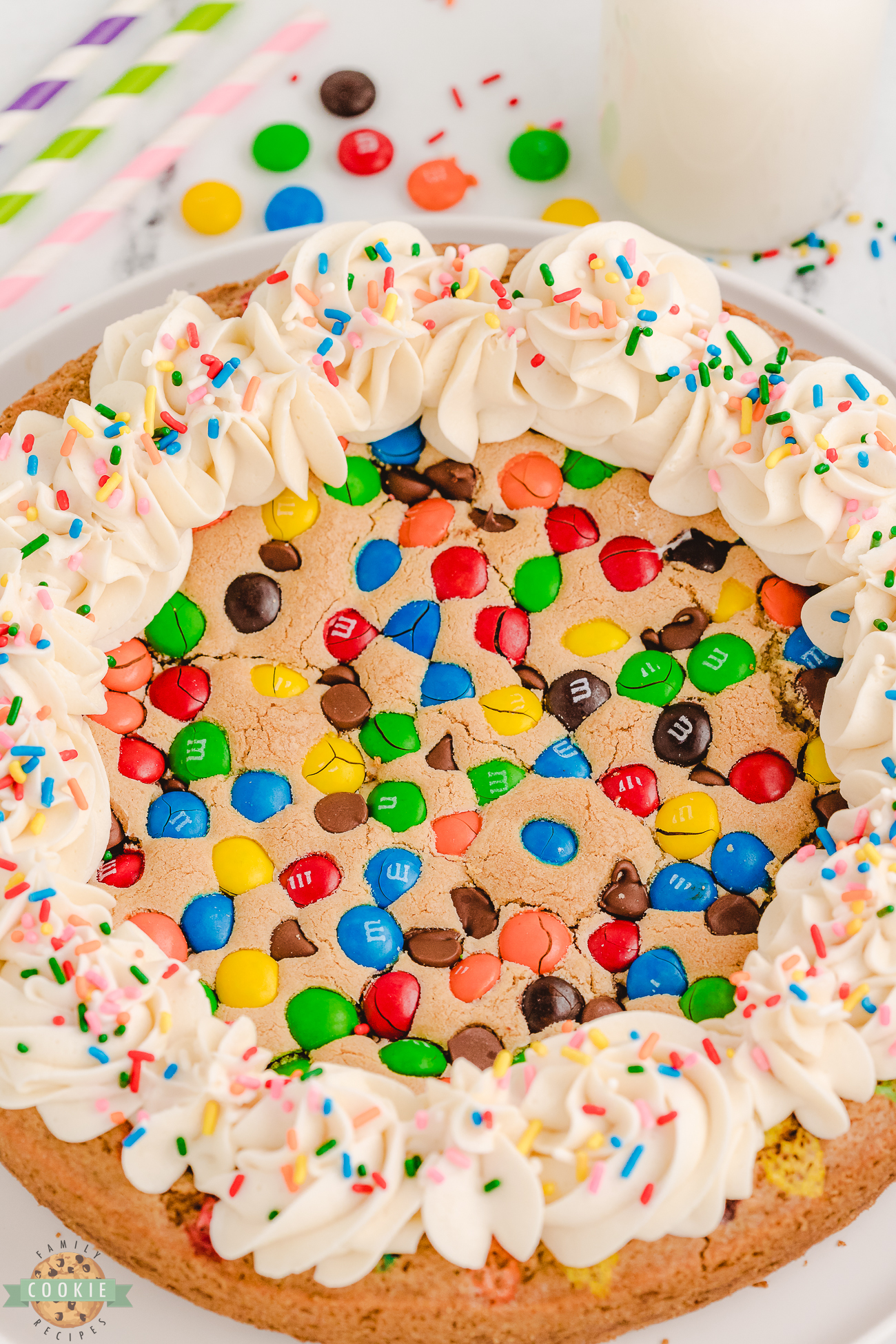 whole birthday cookie cake with frosting and sprinkles