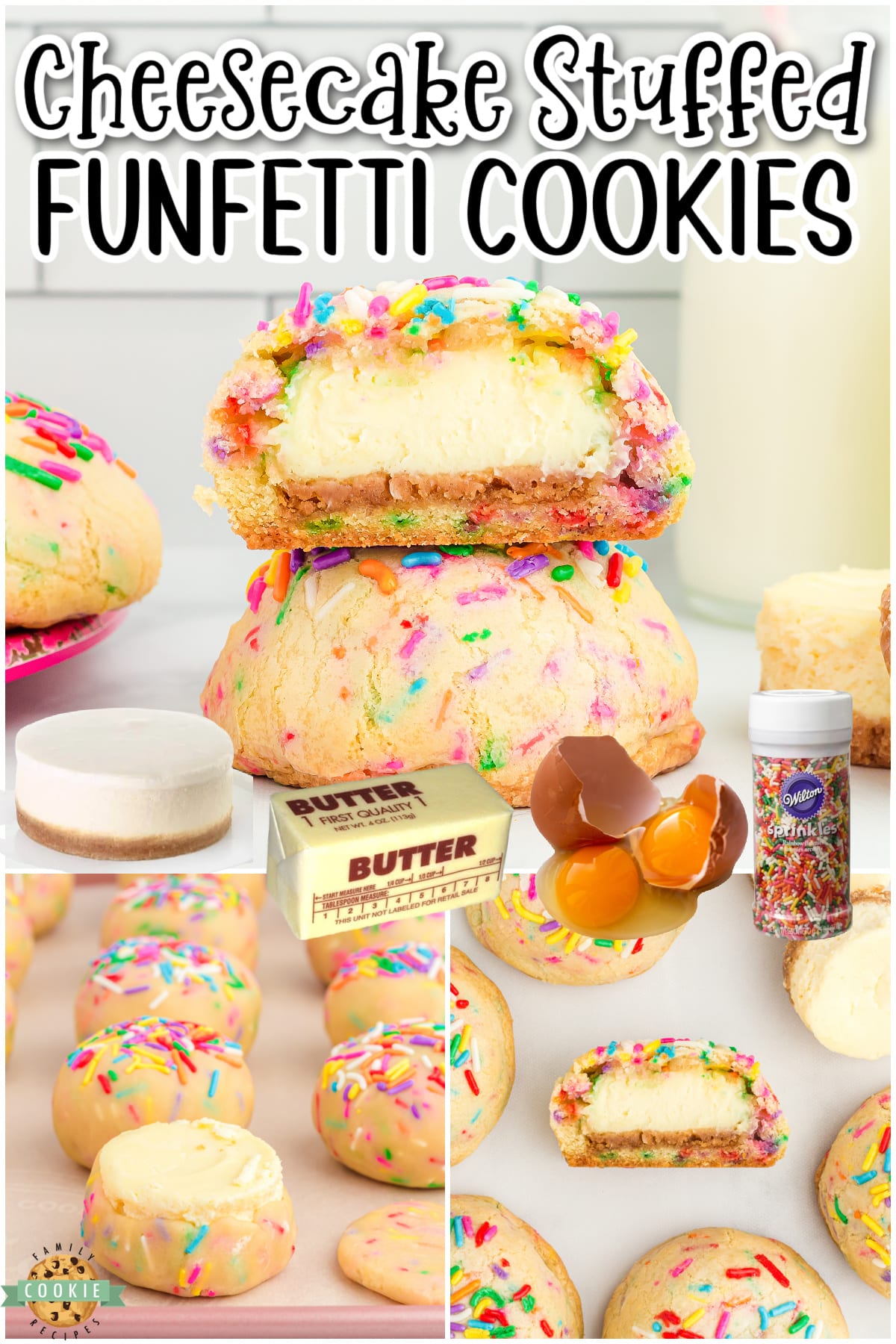 Cheesecake Stuffed Funfetti Cookies are two epic desserts in one: creamy cheesecake stuffed in soft, sweet cookie dough with sprinkles!