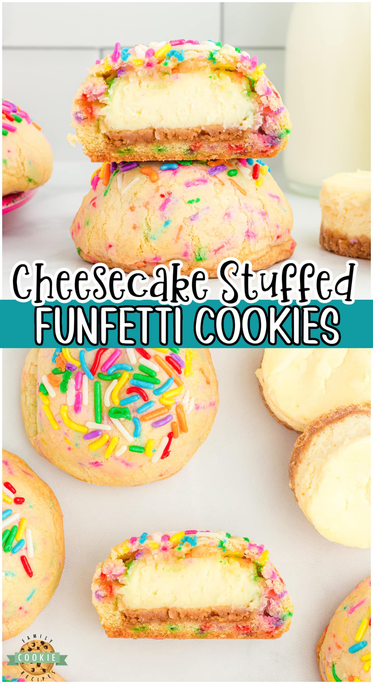 Cheesecake Stuffed Funfetti Cookies are two epic desserts in one: creamy cheesecake stuffed in soft, sweet cookie dough with sprinkles!