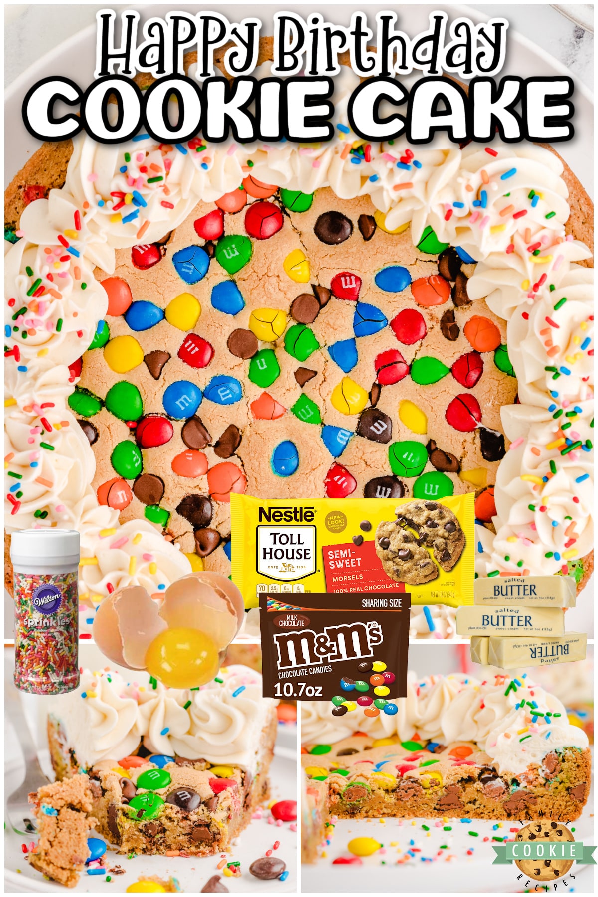 Birthday Cookie Cake that's a delightful dessert for your birthday! Soft, chewy birthday chocolate chip M&M cookie cake topped with buttercream frosting & sprinkles!