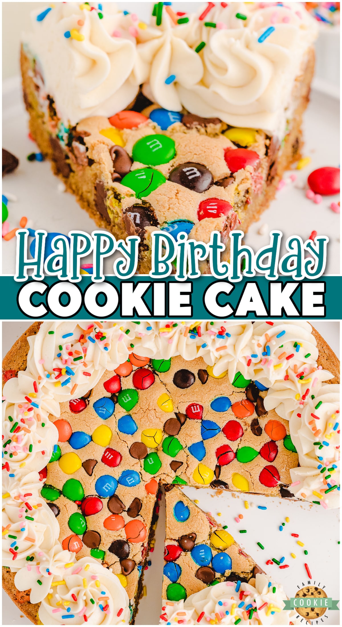 Birthday Cookie Cake that's a delightful dessert for your birthday! Soft, chewy birthday chocolate chip M&M cookie cake topped with buttercream frosting & sprinkles!