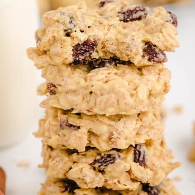 stack of no bake oatmeal cookies with raisins