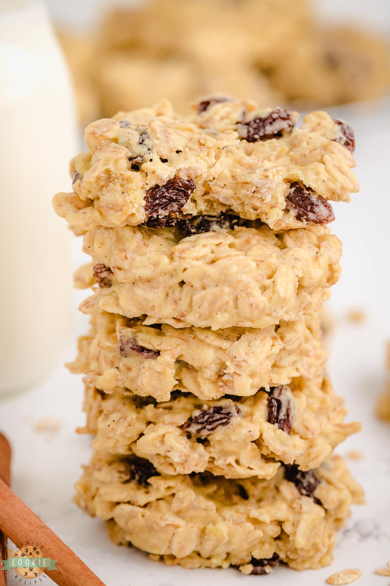 stack of no bake oatmeal cookies with raisins