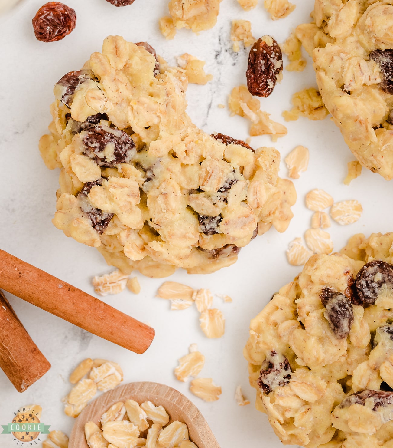 bite taken out of a no bake oatmeal raisin cookie