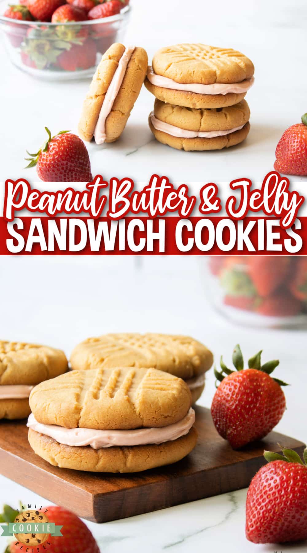 Peanut Butter and Jelly Sandwich Cookies are made by spreading a creamy strawberry buttercream frosting between two soft and chewy peanut butter cookies.  Your favorite childhood sandwich in the form of a dessert that everyone loves! 