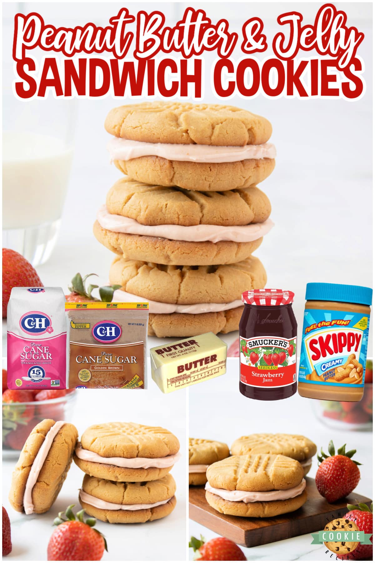 Peanut Butter and Jelly Sandwich Cookies are made by spreading a creamy strawberry buttercream frosting between two soft and chewy peanut butter cookies.  Your favorite childhood sandwich in the form of a dessert that everyone loves! 