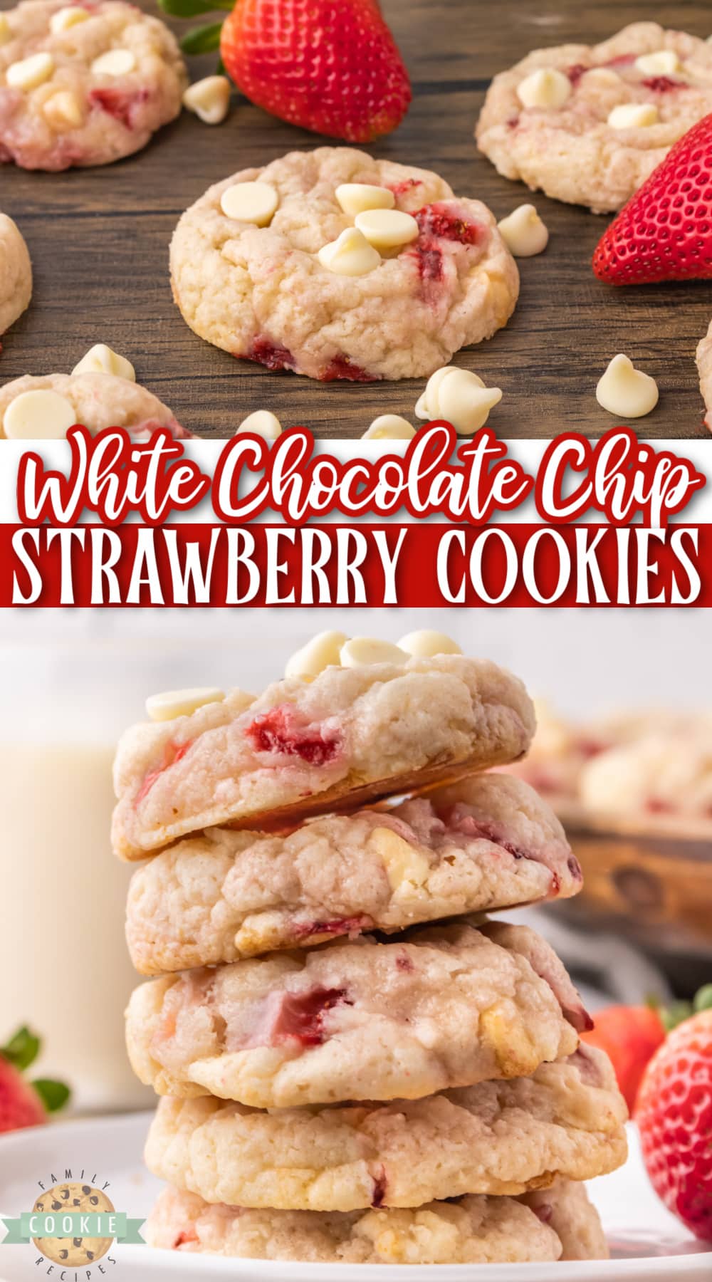 Strawberry Cookies made completely from scratch with fresh strawberries and white chocolate chips! Delicious strawberry cookie recipe made with simple ingredients. 