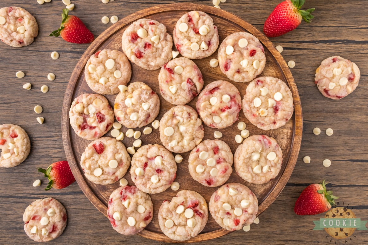 Strawberry Cookies made completely from scratch with fresh strawberries and white chocolate chips! Delicious strawberry cookie recipe made with simple ingredients. 