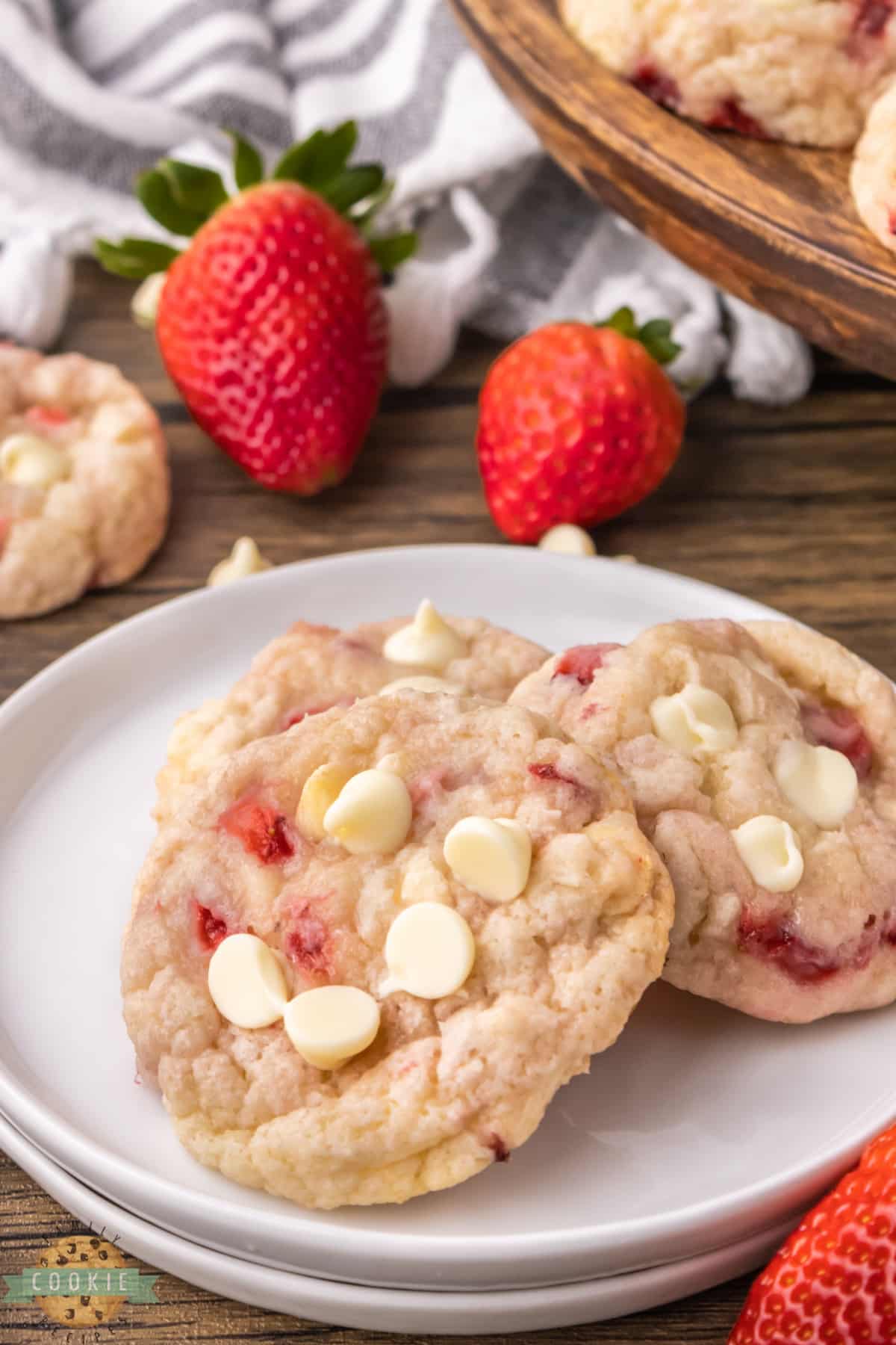 Strawberry Cookies made completely from scratch with fresh strawberries and white chocolate chips! Delicious strawberry cookie recipe made with simple ingredients. 