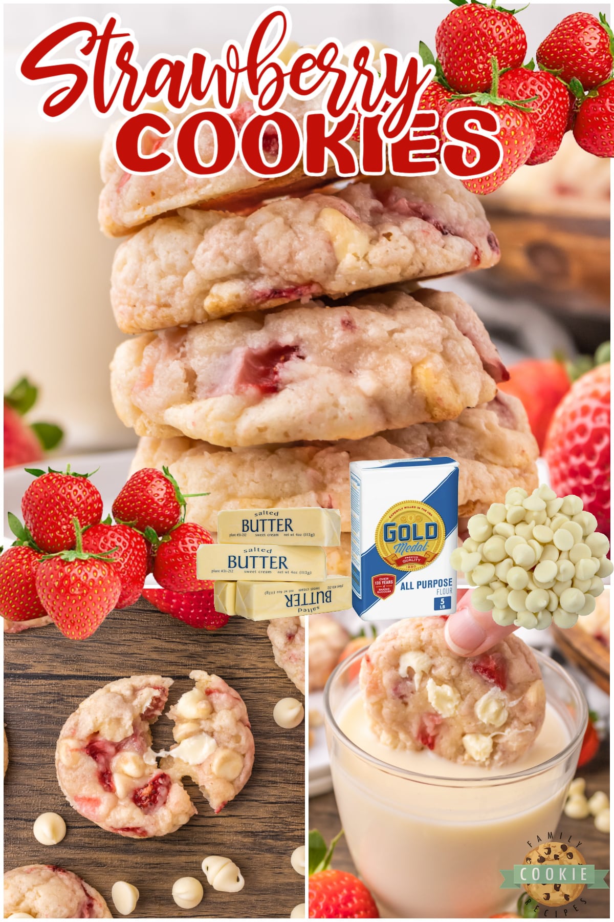 Strawberry Cookies made completely from scratch with fresh strawberries and white chocolate chips! Delicious strawberry cookie recipe made with simple ingredients. 