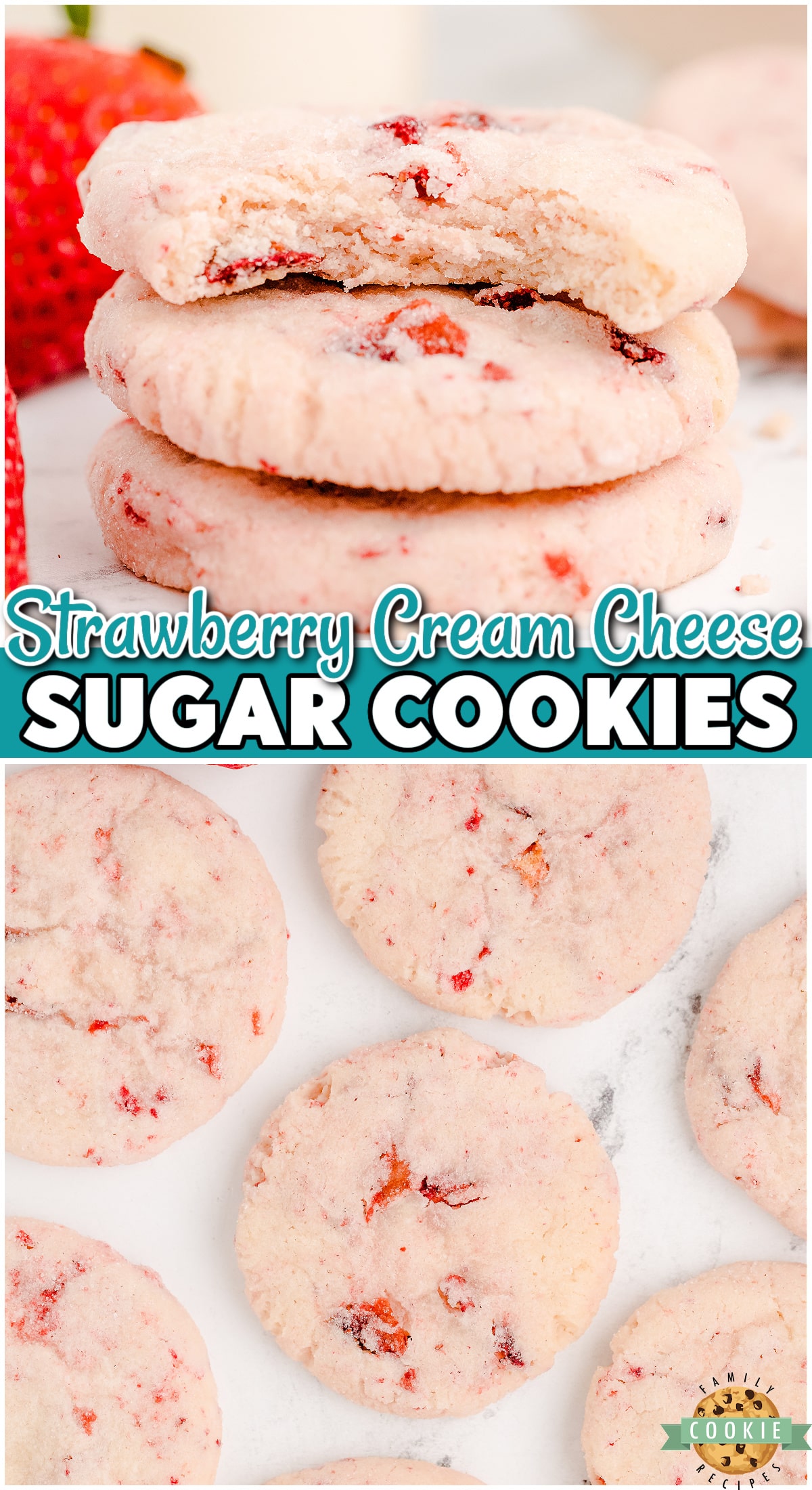 Strawberry Cream Cheese Sugar Cookies are tender & sweet with amazing texture! Perfect sugar cookies with a strawberry twist! 