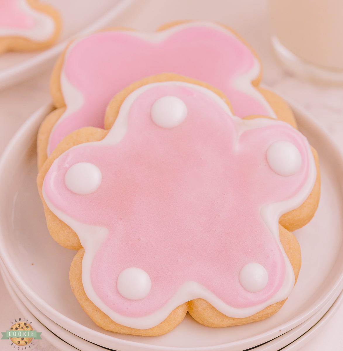 pink flower sugar cookies iced with royal icing