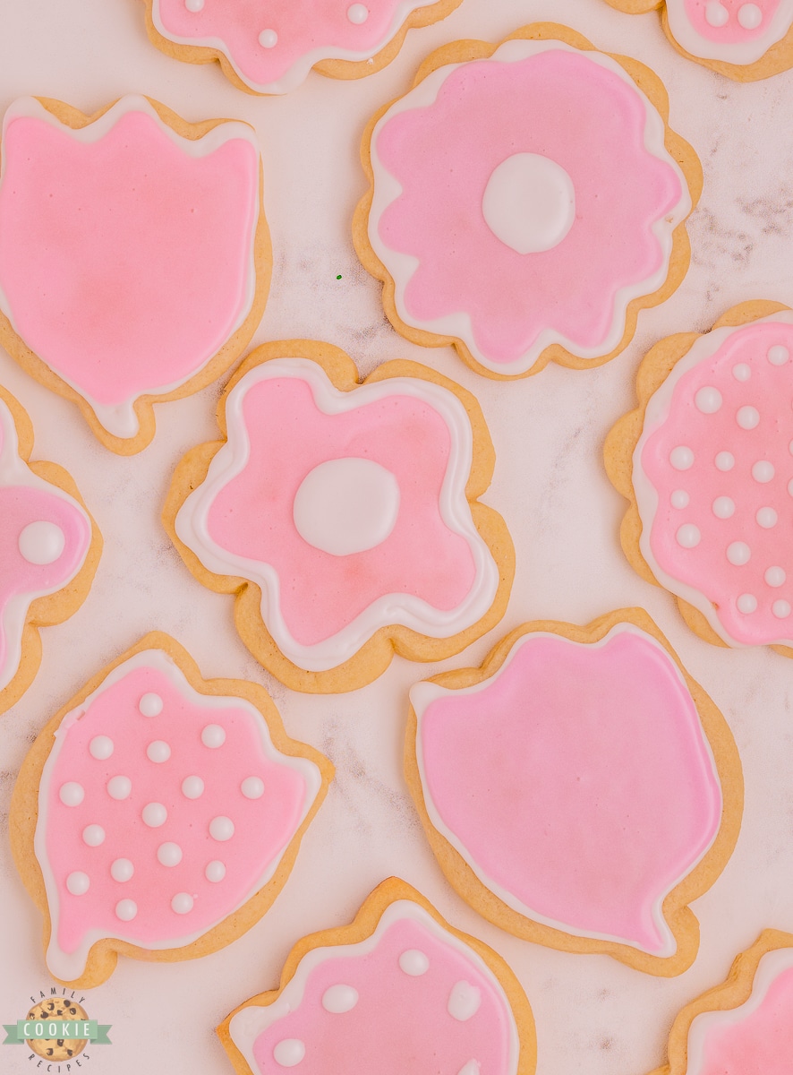 tray of sugar cookies with royal icing.