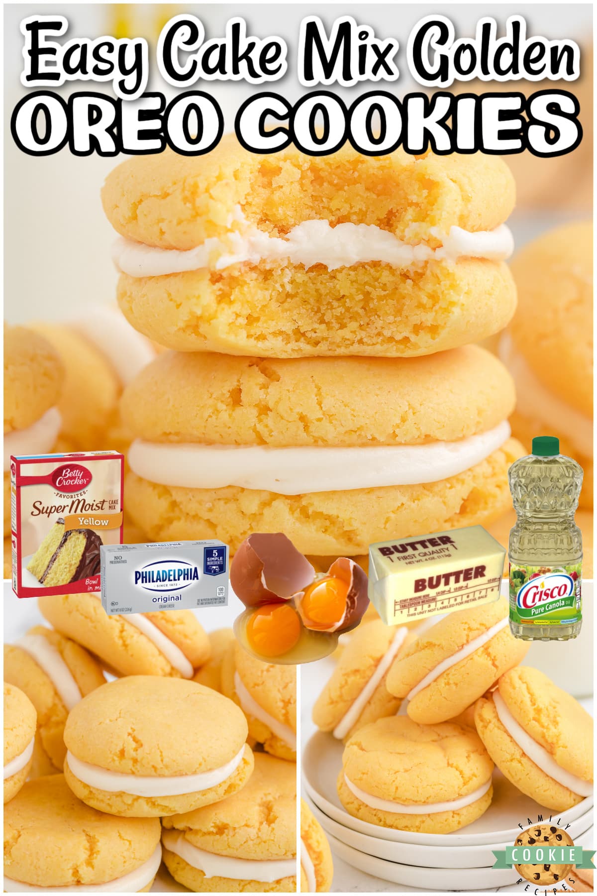 Simple recipe for Homemade Golden Oreo Cookies made with a yellow cake mix! Soft, perfectly sweet sandwich cookies that everyone goes crazy over!