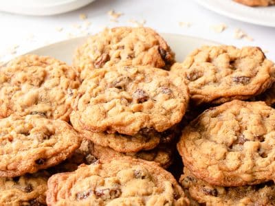 stacks of chewy oatmeal raisin cookies on a plate