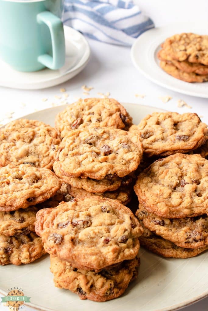 stacks of chewy oatmeal raisin cookies on a plate