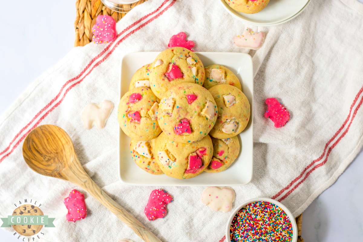 Cookies made with sprinkles and circus animal cookies