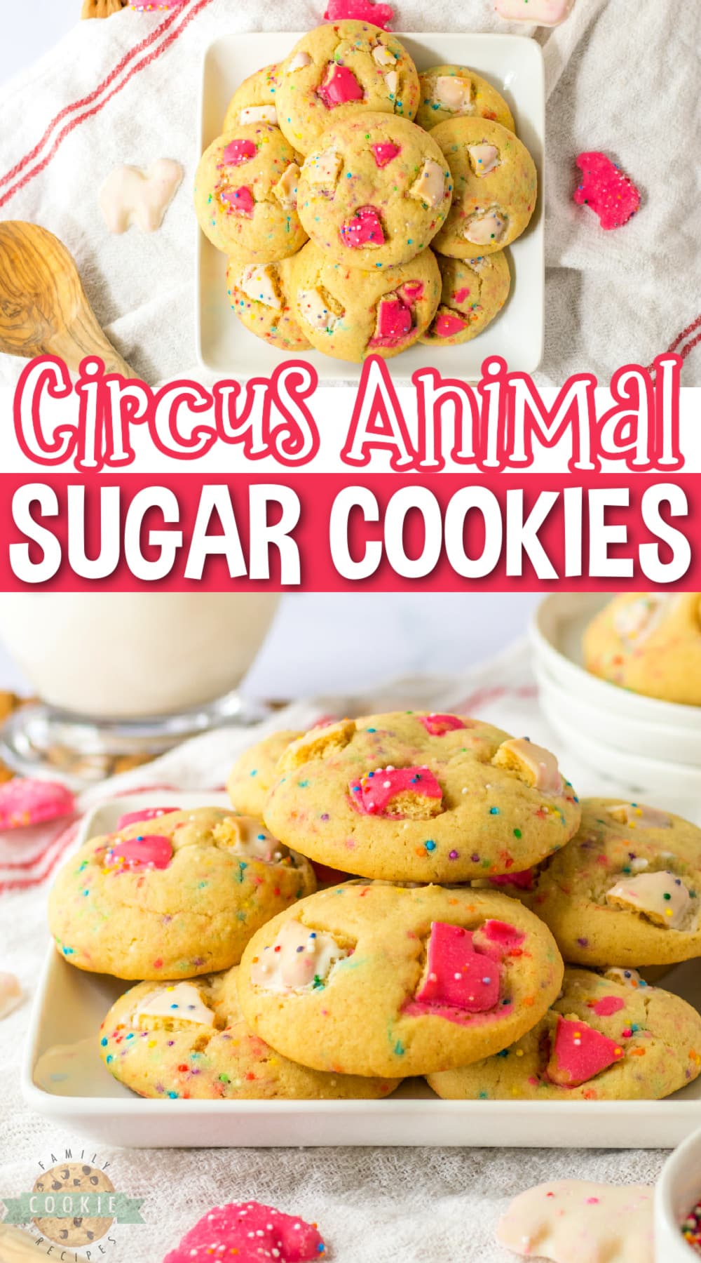 Circus Animal Sugar Cookies are a fun and whimsical twist on traditional sugar cookies. The recipe calls for basic ingredients that can be found in most kitchens, along with a few extra special additions, such as rainbow sprinkles and frosted circus animal cookies.